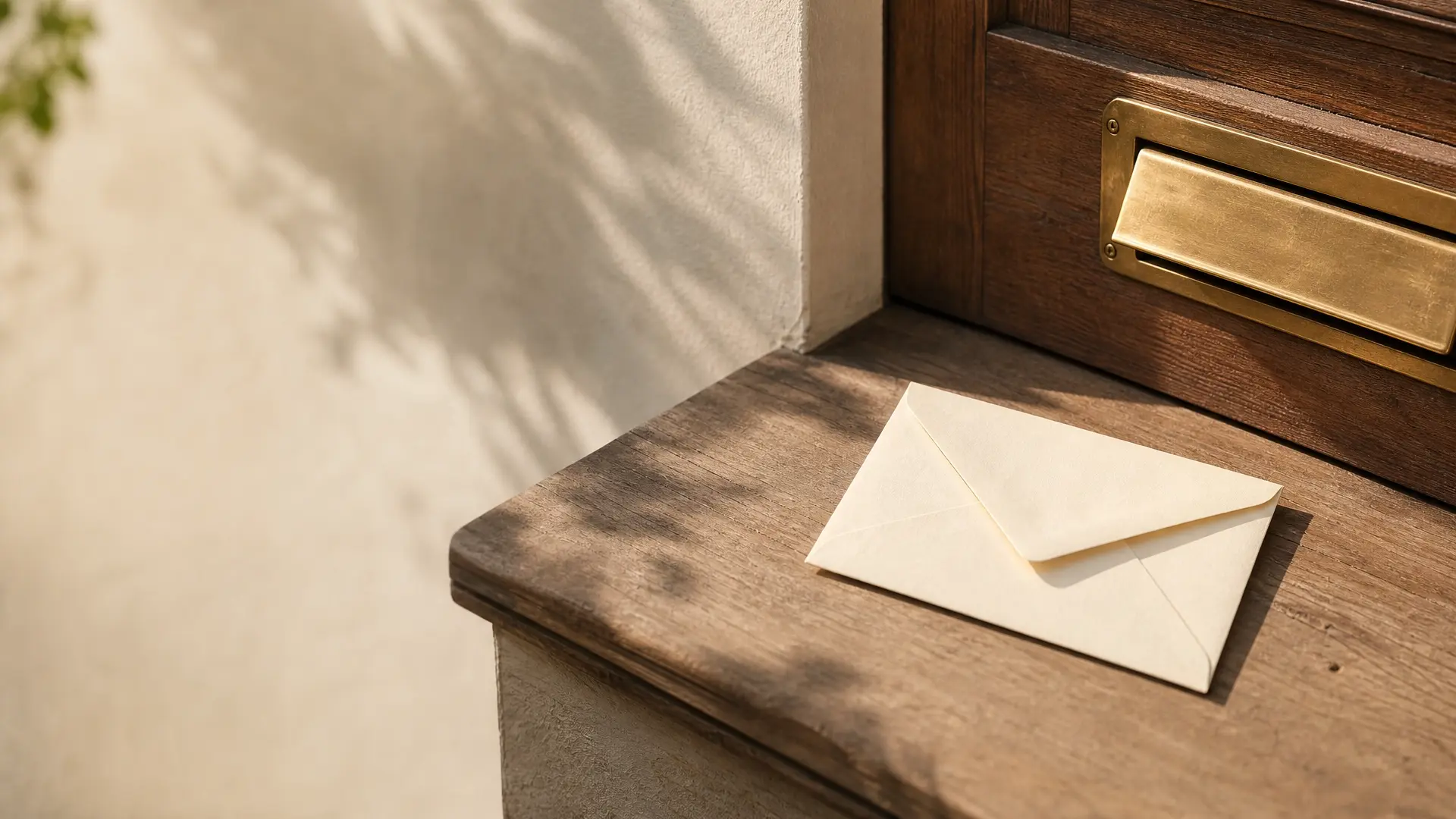 A cream envelope waiting beside a brass mailbox