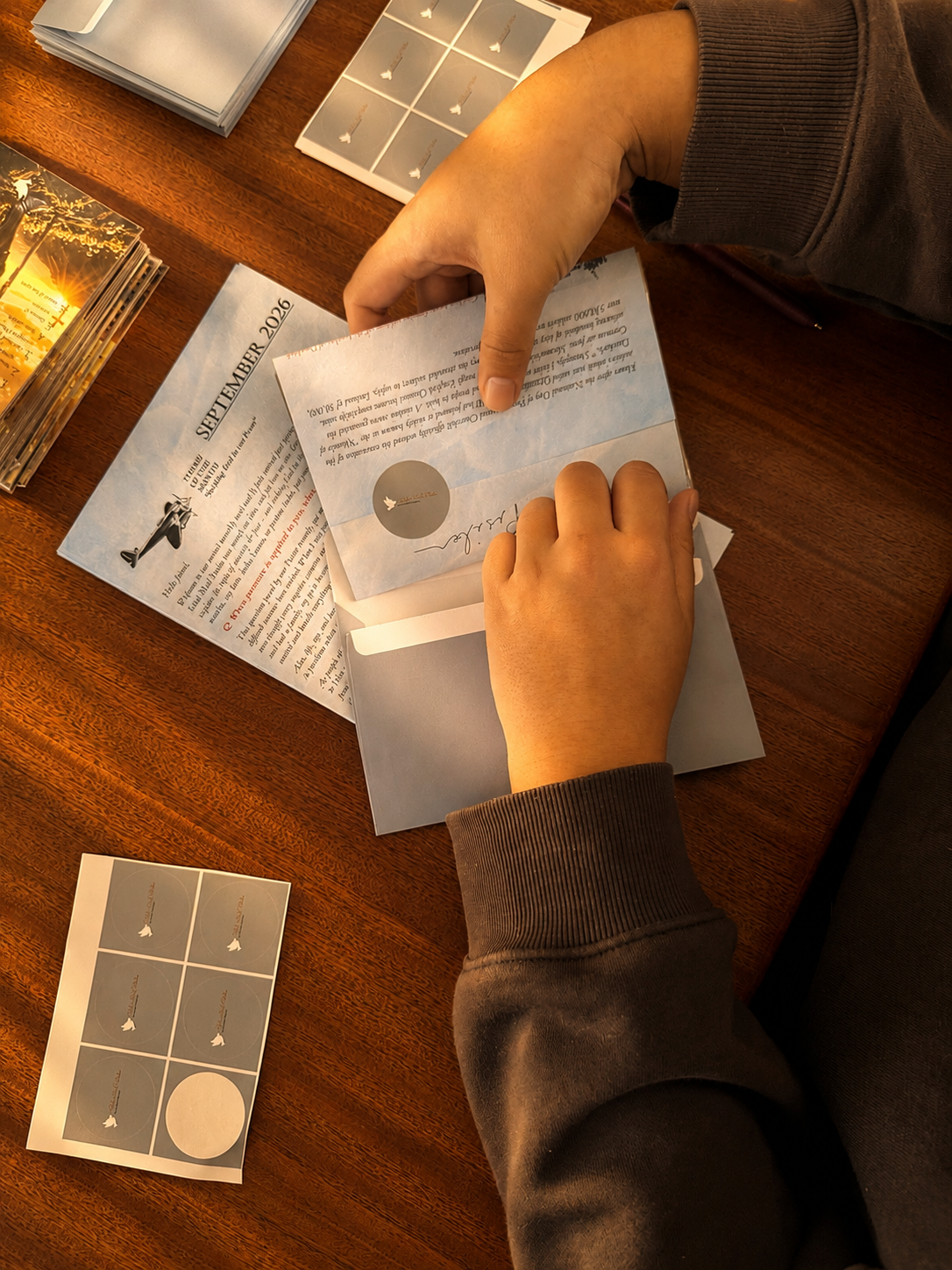 Hands placing a printed card into an envelope on a warm wood table