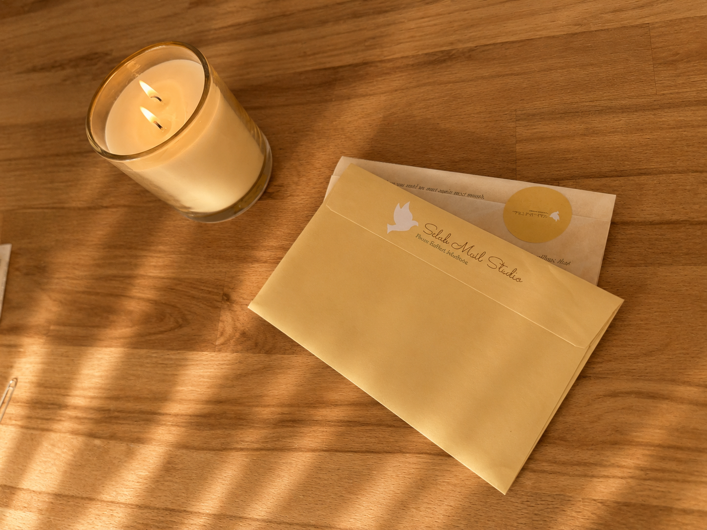A candle glowing beside Selah Mail Studio envelopes on a warm wood table
